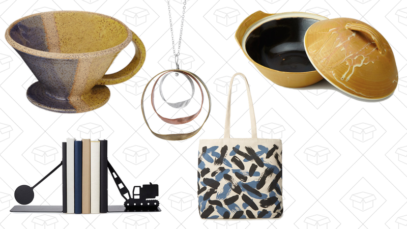 Color Block Coffee Pour Over Cone, $30 | Wrecking Ball Bookends, $45 | Mobius Strip Necklace, $65 | Painted Carryall Tote, $56 | Golden Lidded Casserole Dish, $90